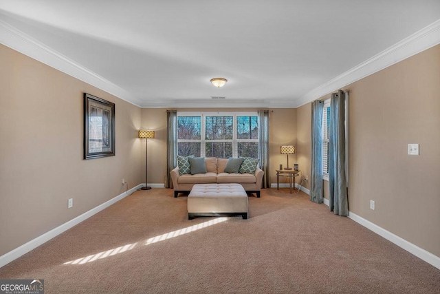 living area featuring ornamental molding and light carpet