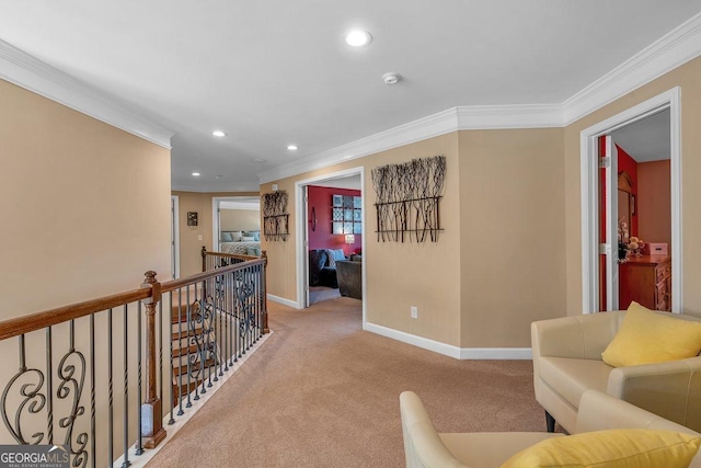 hall featuring light colored carpet and ornamental molding