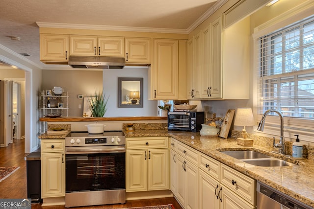 kitchen with cream cabinets, light stone countertops, sink, dark wood-type flooring, and stainless steel appliances