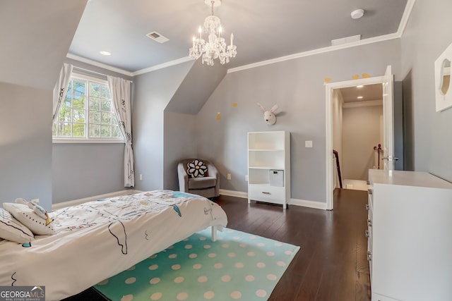 bedroom featuring dark wood-type flooring, vaulted ceiling, crown molding, and an inviting chandelier