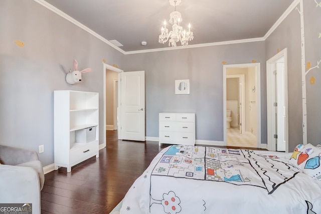 bedroom featuring a notable chandelier, ensuite bathroom, ornamental molding, and dark wood-type flooring