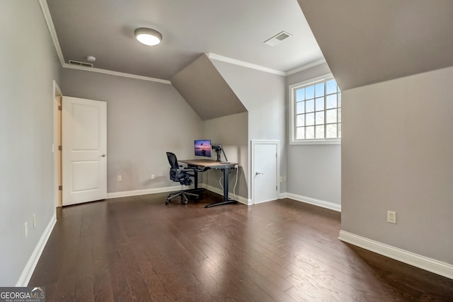 unfurnished office with vaulted ceiling, crown molding, and dark wood-type flooring