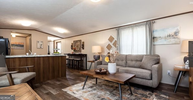 living room featuring dark hardwood / wood-style flooring, ornamental molding, and lofted ceiling