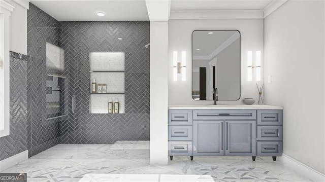 bathroom with vanity and ornamental molding