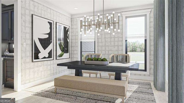 dining space with a notable chandelier and ornamental molding