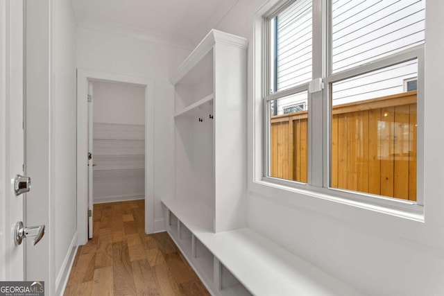 mudroom featuring light wood-type flooring and crown molding