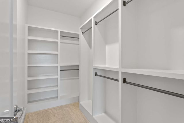 walk in closet with light colored carpet and a barn door