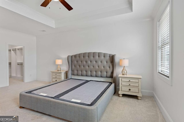 bedroom featuring ceiling fan, a tray ceiling, a spacious closet, ornamental molding, and a closet