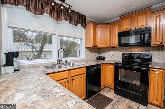 kitchen featuring light hardwood / wood-style flooring, sink, plenty of natural light, a textured ceiling, and black appliances