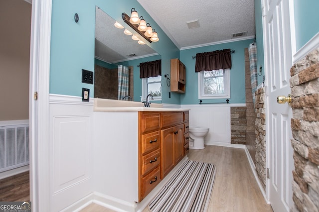 bathroom with wood-type flooring, ornamental molding, toilet, a textured ceiling, and vanity