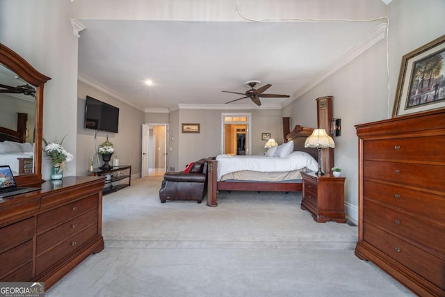 bedroom with light carpet, ceiling fan, and ornamental molding