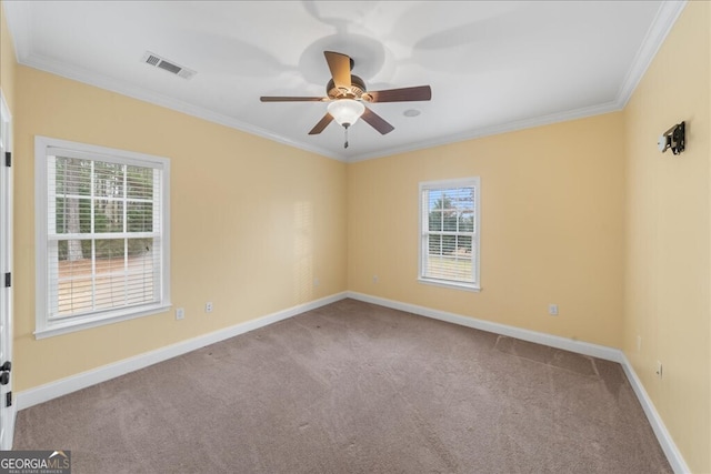 carpeted spare room with ceiling fan and ornamental molding