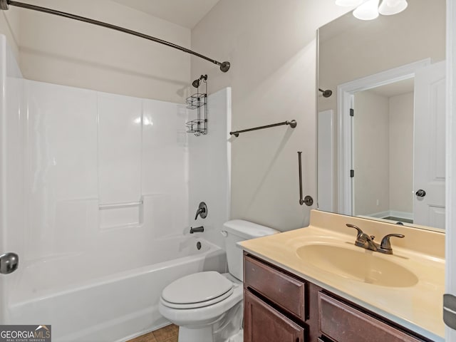 bathroom featuring toilet, shower / tub combination, and vanity