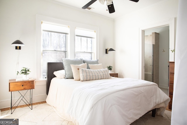 bedroom with multiple windows, ceiling fan, crown molding, and light hardwood / wood-style flooring