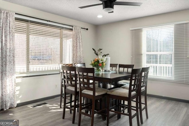 dining room featuring ceiling fan, a textured ceiling, and light wood-type flooring