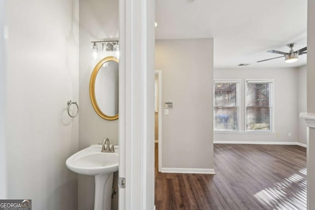 bathroom with ceiling fan, sink, and wood-type flooring