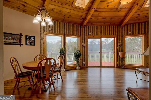 dining area with an inviting chandelier, wood-type flooring, lofted ceiling with skylight, and wooden ceiling