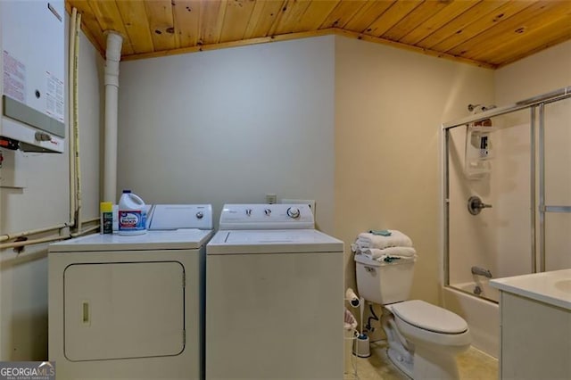 laundry room with washer and clothes dryer, wooden ceiling, and water heater