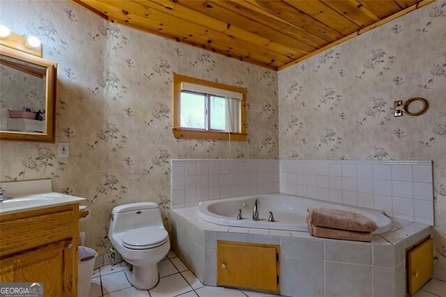 bathroom featuring tile patterned floors, toilet, vanity, and wooden ceiling