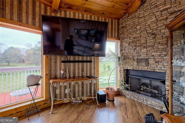 interior space with hardwood / wood-style flooring, a healthy amount of sunlight, and vaulted ceiling