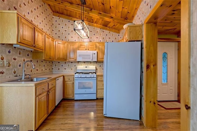 kitchen with sink, wood ceiling, white appliances, vaulted ceiling with beams, and decorative light fixtures