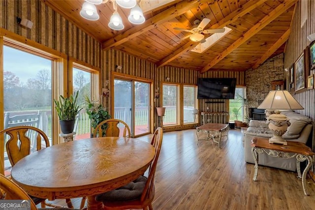 dining space with beamed ceiling, wood ceiling, high vaulted ceiling, wooden walls, and hardwood / wood-style flooring