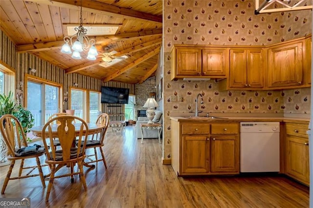 kitchen featuring decorative light fixtures, dishwasher, sink, wooden ceiling, and light wood-type flooring