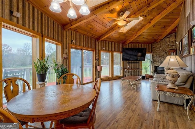 dining area featuring wood ceiling, high vaulted ceiling, hardwood / wood-style flooring, beam ceiling, and ceiling fan with notable chandelier