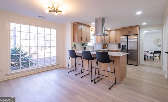 kitchen with appliances with stainless steel finishes, decorative backsplash, island range hood, sink, and light wood-type flooring