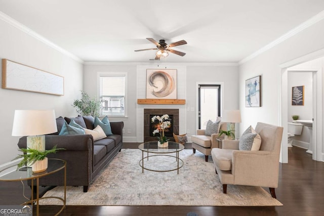 living room featuring ceiling fan, dark wood-type flooring, and ornamental molding