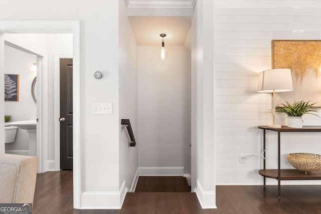 staircase with crown molding and hardwood / wood-style floors