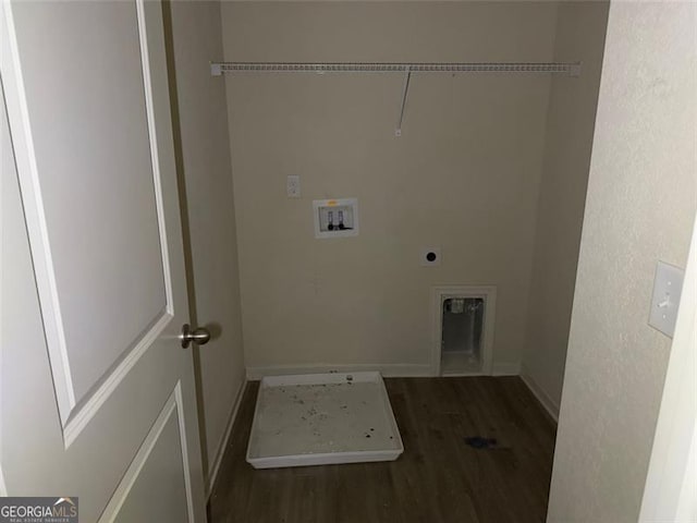 laundry area featuring hookup for an electric dryer, dark wood-type flooring, and washer hookup