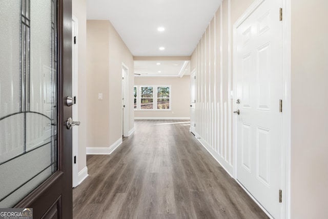 526 Whirlway St, Jefferson, GA 30549 - corridor featuring dark wood finished floors, baseboards, and recessed lighting