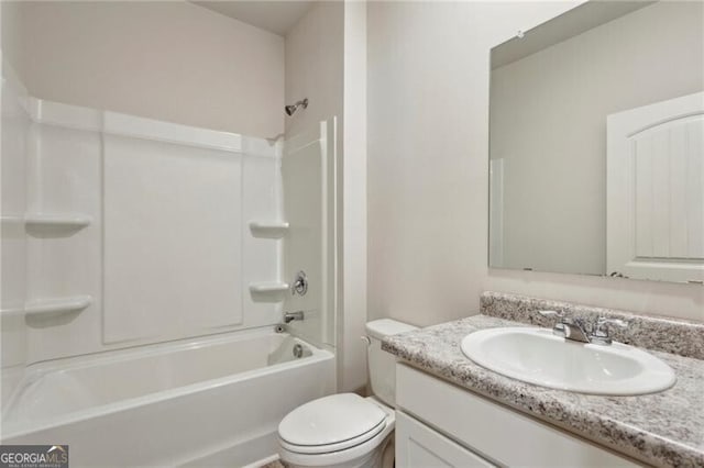 full bathroom featuring toilet, shower / tub combination, and vanity