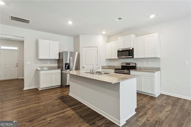 kitchen featuring sink, a center island with sink, white cabinetry, and stainless steel appliances