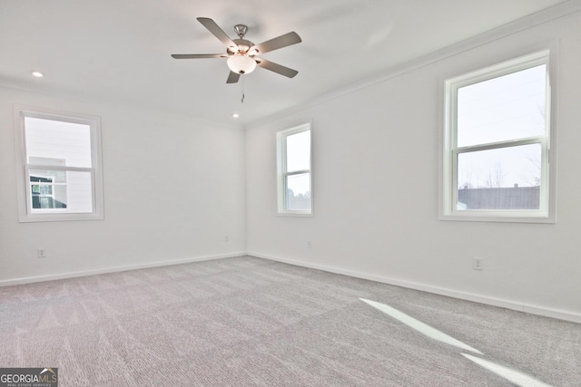 carpeted spare room featuring ceiling fan and crown molding