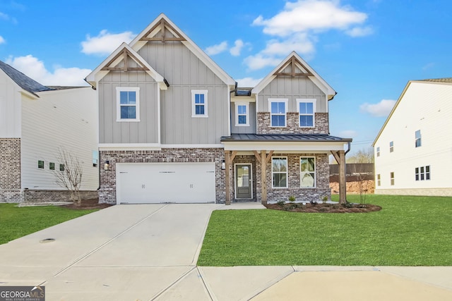 craftsman inspired home featuring covered porch, a front yard, and a garage