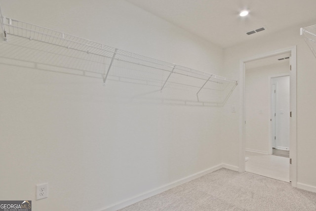 spacious closet featuring light colored carpet