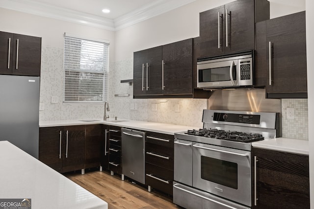 kitchen featuring dark brown cabinets, light hardwood / wood-style flooring, appliances with stainless steel finishes, sink, and tasteful backsplash