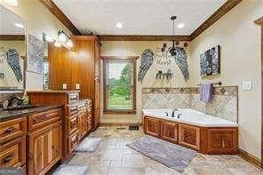 bathroom featuring a washtub, vanity, and ornamental molding