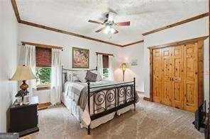 carpeted bedroom featuring ceiling fan and ornamental molding