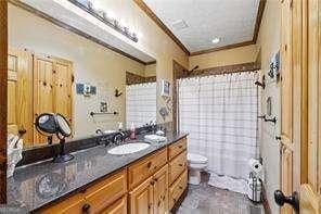 bathroom featuring crown molding, toilet, a shower with shower curtain, and vanity