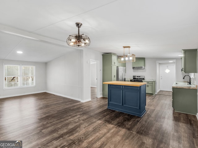 381 Martin Dairy Rd, Milner, GA 30257 - kitchen with butcher block countertops, appliances with stainless steel finishes, dark wood-type flooring, and a center island