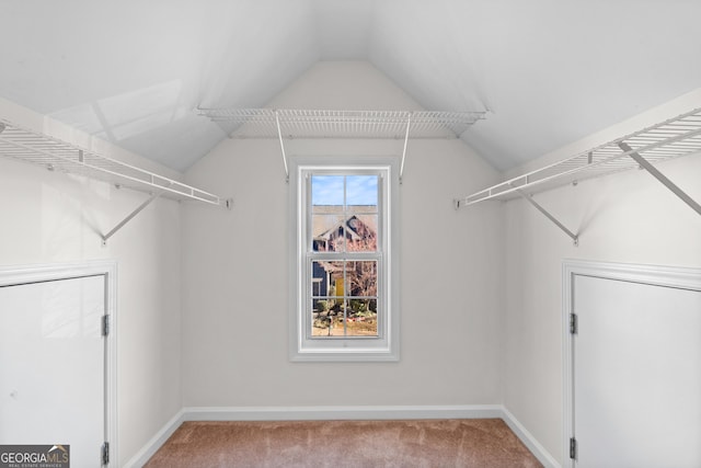 spacious closet featuring carpet flooring and lofted ceiling