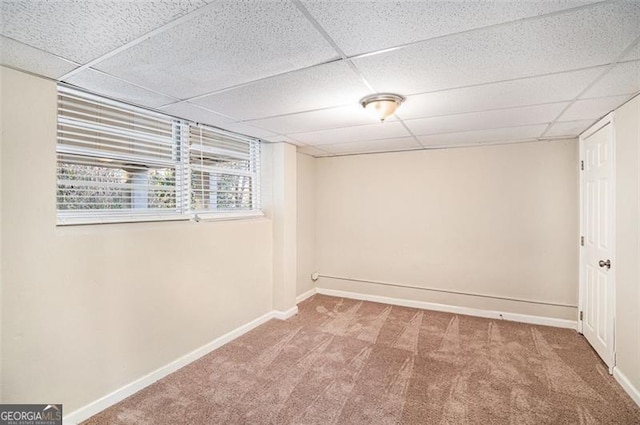 basement featuring carpet floors and a paneled ceiling