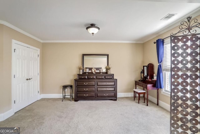 living area featuring light colored carpet, a wealth of natural light, and crown molding