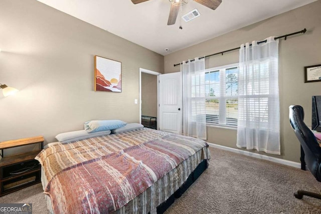 bedroom featuring ceiling fan and carpet floors