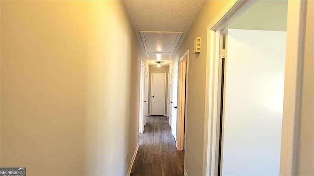 hallway with a textured ceiling and dark hardwood / wood-style flooring