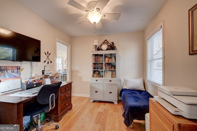 home office with ceiling fan and light hardwood / wood-style flooring