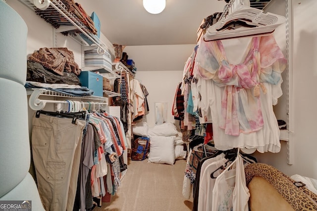 walk in closet with light carpet